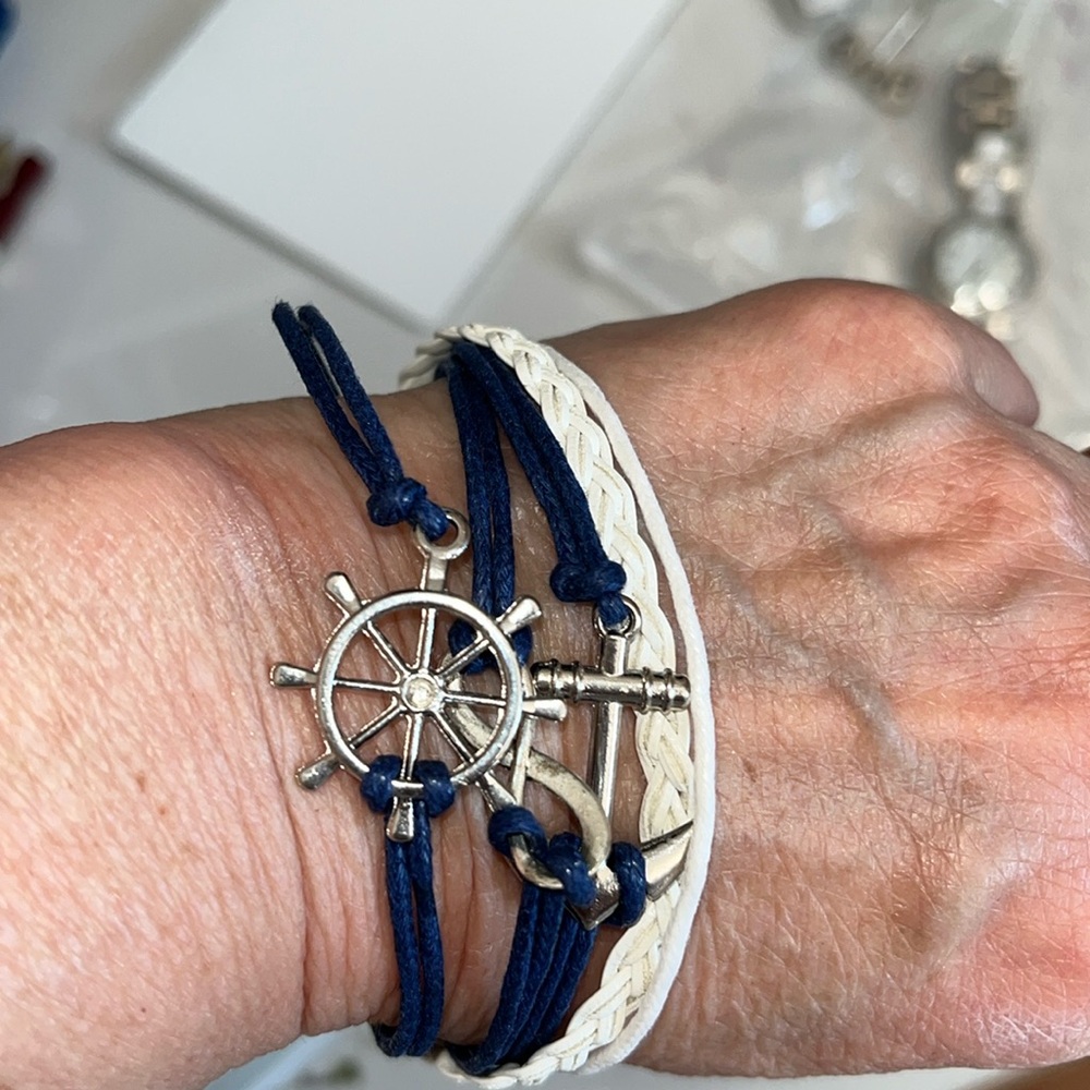 Bracelet with blue and white rope anchor wheel infinity sign adjustable